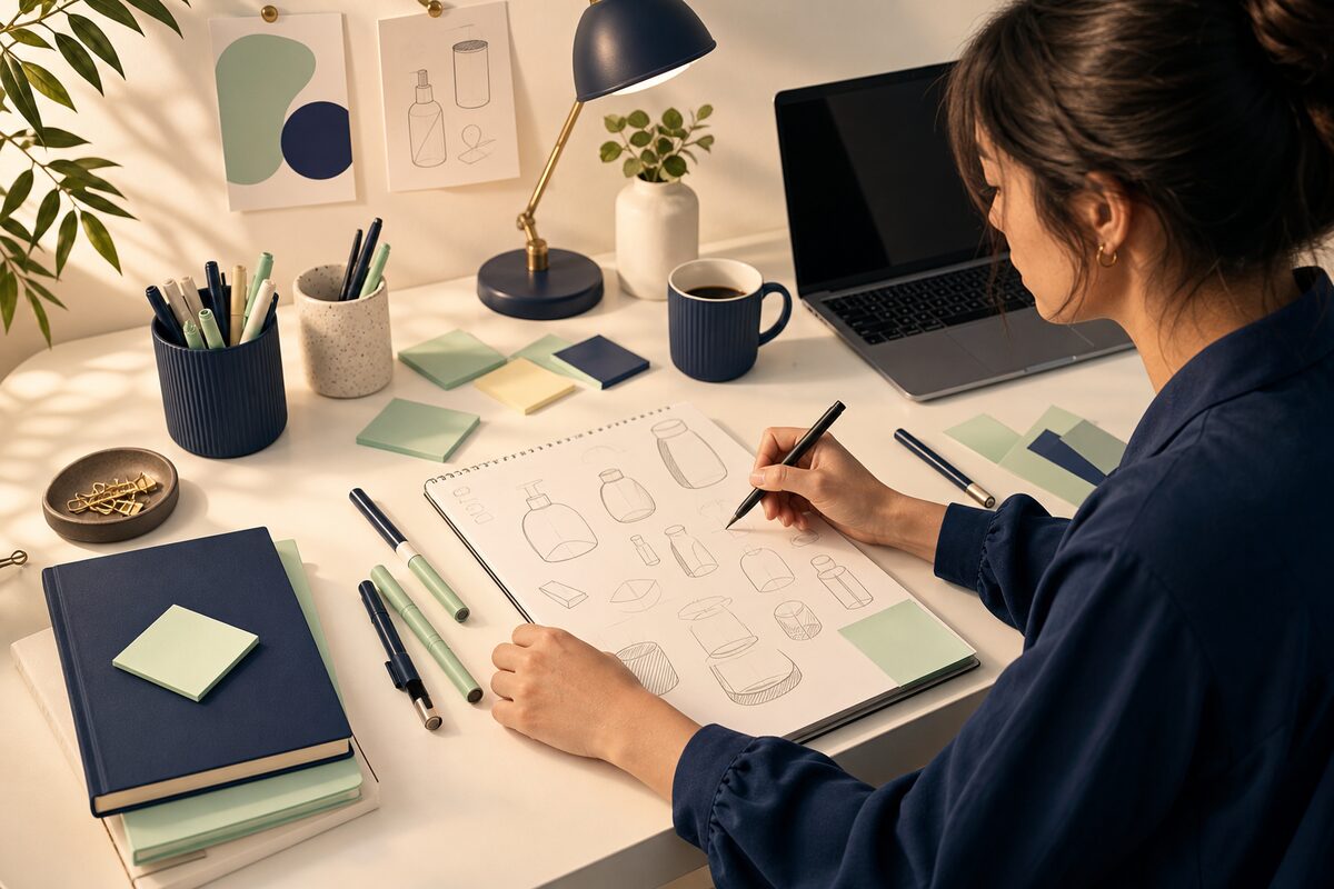 A person brainstorming ideas for product names with notes and sketches
