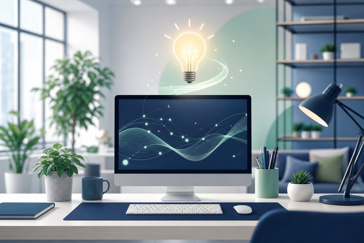 Illustration of a computer screen and lightbulb representing IT company names with meaning