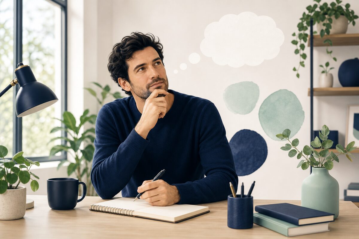 Person thinking while writing business name ideas on a notebook